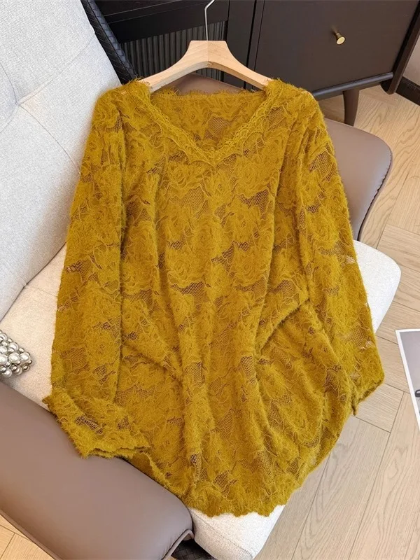 

Floral Embroidery Long Sve V-Ne Lace irt Women's Loose Faionable Spring Autumn plus Size Young Looking Top Trend