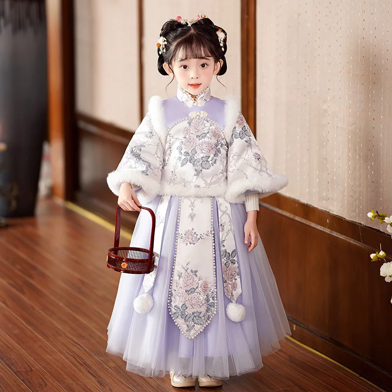 

Winter Girl's Ancient Hanfu Little Purple Tang Costume New Year's Greetings Children's Chinese Style Clothing Long Sleeved Suit