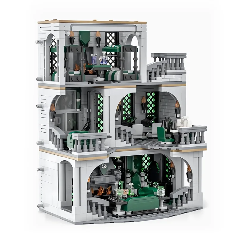 MOC Slytherin Common Room and Dorm Building Blocks Magic Academy Building Assembly Toy Gift Apartment House Castle Collection