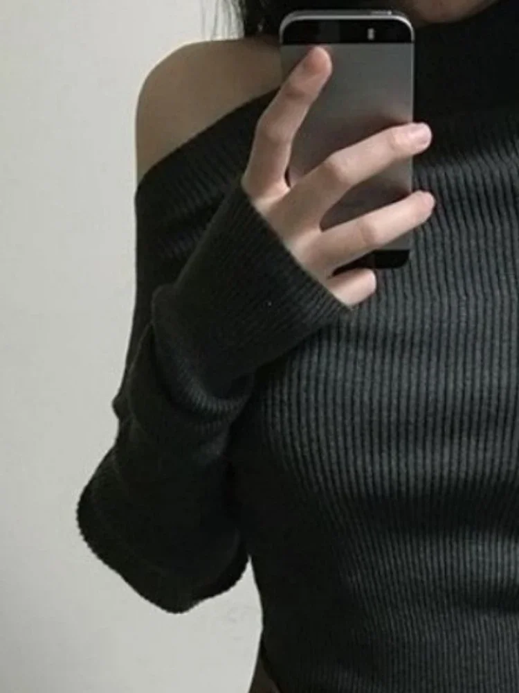 

Harajuku Y2K Vintage Knitted Sweater Women, Sexy Slash Neck Bodycon Pullover Grunge Aesthetic