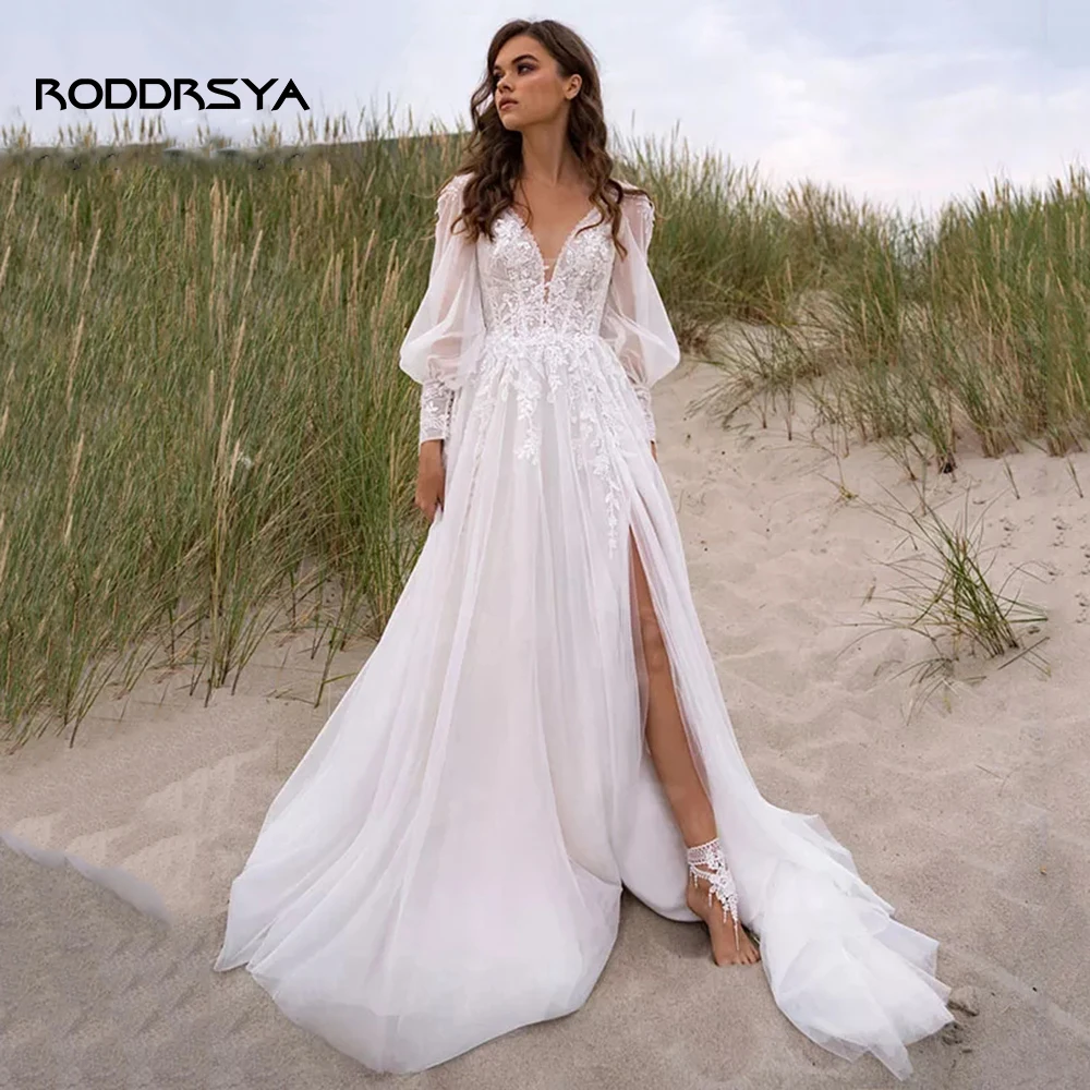 Roddrsya Strand V-hals Bruiloft Dresslantern Mouwen Hoge Split Backless Bruid Gown Lace Applique Tulle Custom Made Robe De Mariee