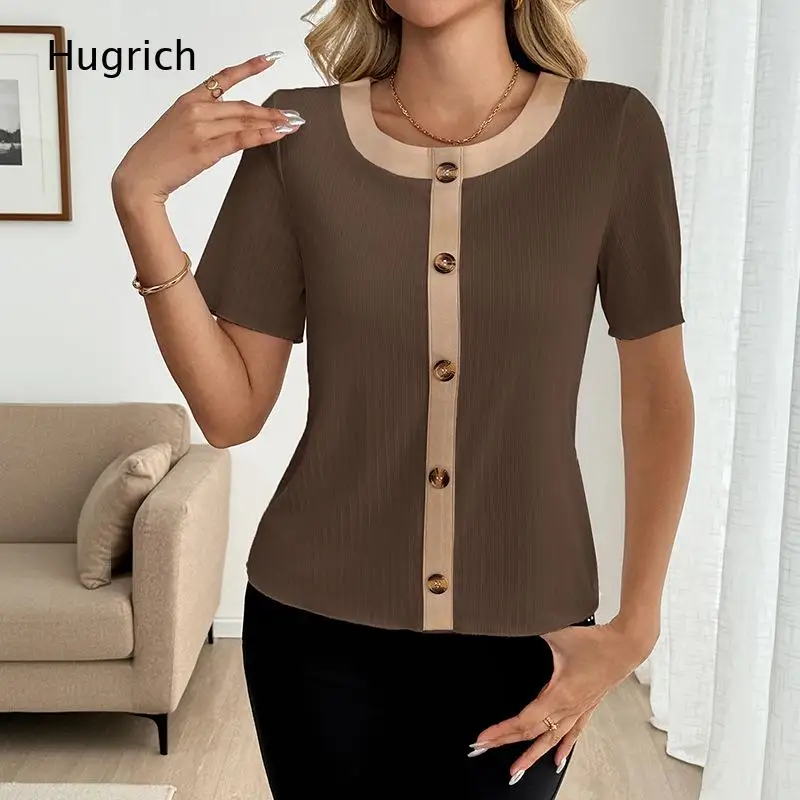 Women's Short Sleeve Button Front Ribbed Knit Top, Casual Color Block Crewneck Tee Shirt for Summer Daily Wear and Office
