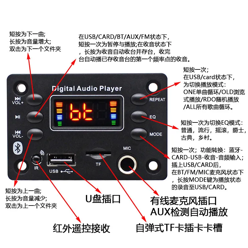 Multifunctional Bluetooth MP3 Decoder Board FM Mic USB AUX Amplifier Board for Car Audio DIY  5pcs