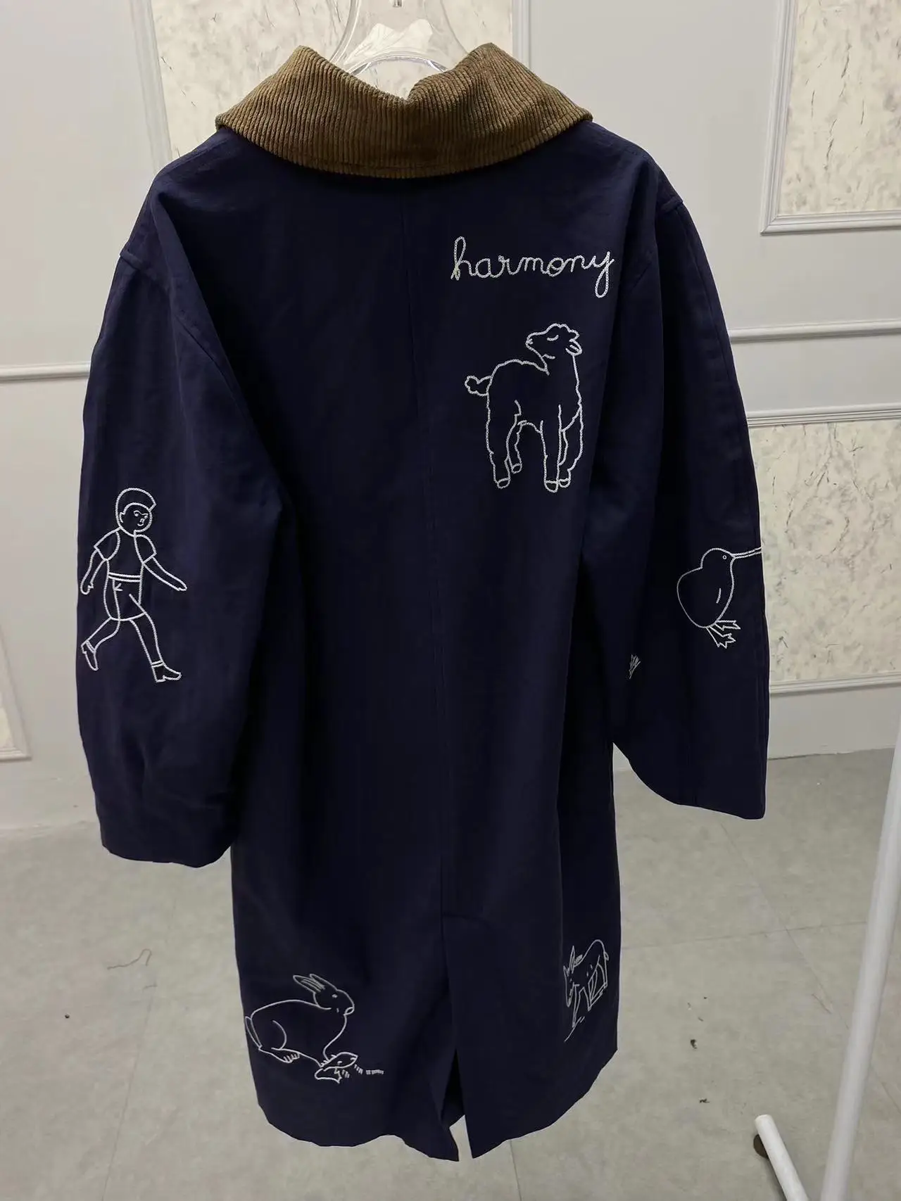 Sezanes fashion new retro corduroy jacket washed do old animal embroidery color collision lapel medium-length jacket men women