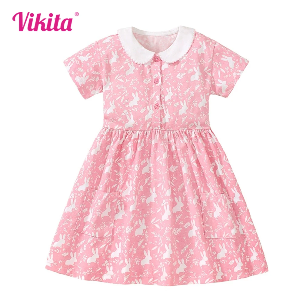 

VIKITA 2025 New Summer Kids Short Sleeve Cotton Casual Princess Dress with Pockets Girls Cotton Daily School Frocks Kids Clothes