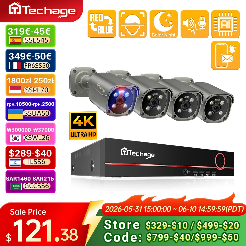 Techage 4K 8MP Surveillance Camera System H.265 8CH PoE NVR Kit Human Detection Red-bule Light Alarm P2P Video Audio CCTV Camera