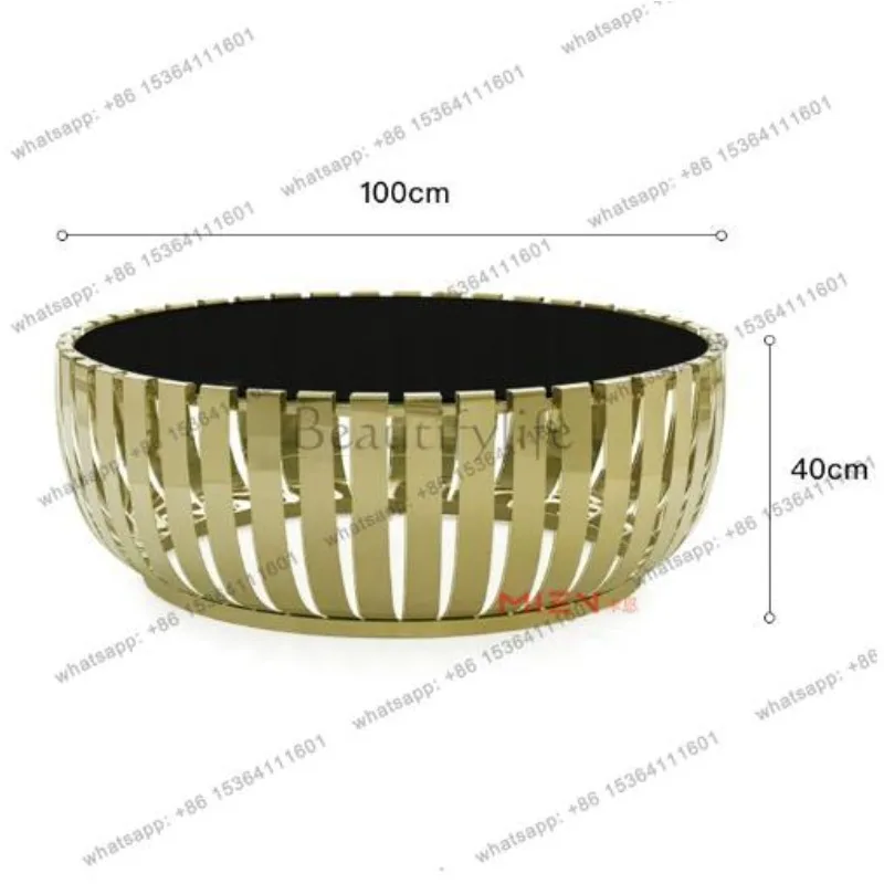 YJ Cocktail Shape Coffee Table Round Metal Tea Table Stainless Steel Vertical Bar Decor Glass Top Titanium Gold