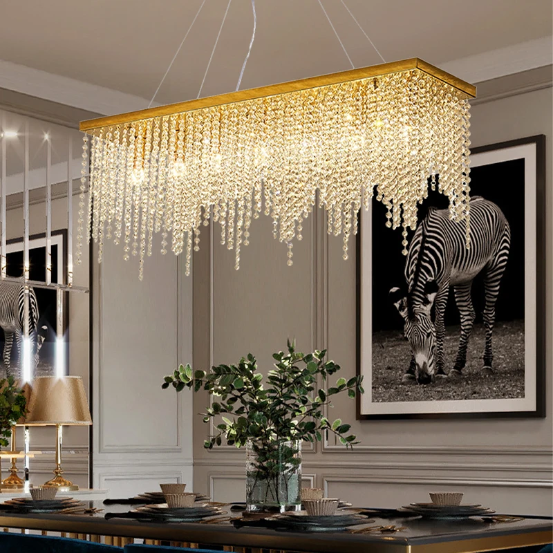 

New LED Crystal Tassel Ceiling Chandeliers Luxury Lustres Gold Modern Rectangle Lamps Home Decoration Lights for Dining Room