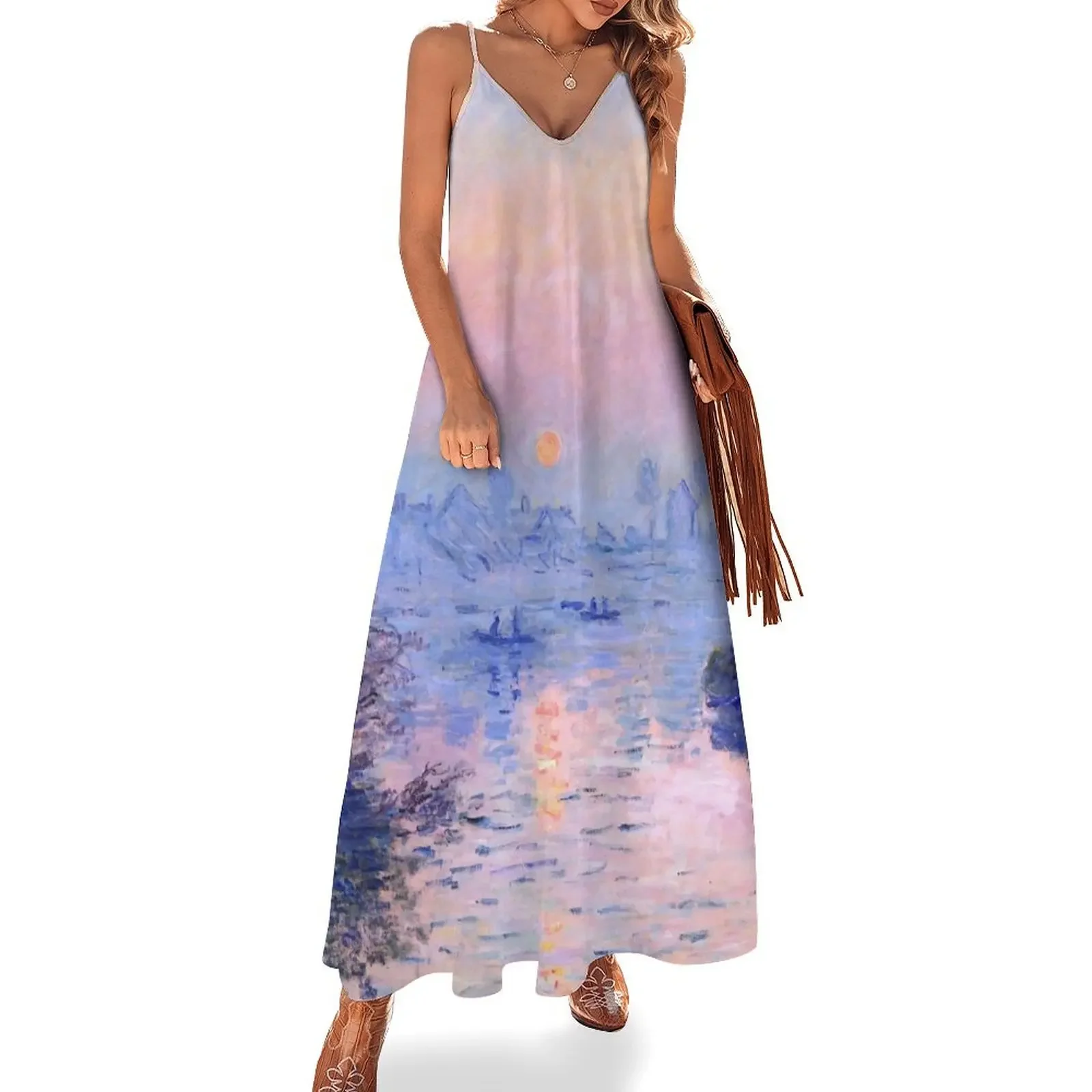 

Claude Monet Sunset on the Seine at Lavacourt, Winter Effect Sleeveless Dress purple dress women's dresses luxury