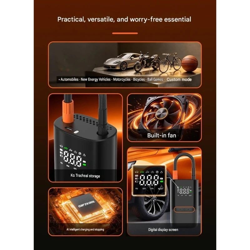 D8KE Convenient 7.4V Wireless Inflator Featuring Adjustable Settings For Tires Mattresses And