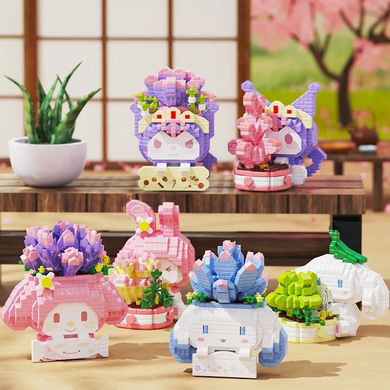 Sanrio Succulent Potting Building Blocks Cute Cinnamoroll Melody Kuromi Model Cartoon Mini Micro Brick Toys For Kids Santa Gift