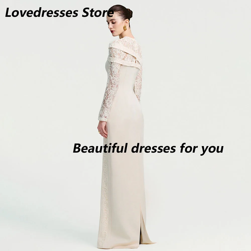 Customized Jersey Lace Flower Pattern Evening Dresses O-neck Full-sleeves Floor-length Pleated Asymmetrical Formal Prom Gown