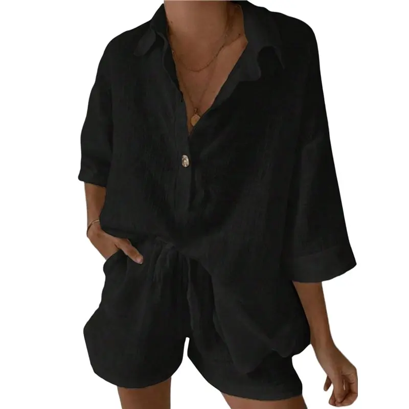 

CYL-Женский комплект из двух предметов: однотонная рубашка с коротким рукавом на трех пуговицах и широкие шорты с завязками на талии