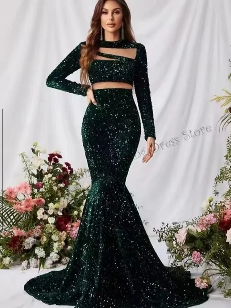 Fashion Sexy O-Neck Black Court Train Long Sleeve Sequined Crop Top Mermaid / Trumpet Formal Evening Dresses