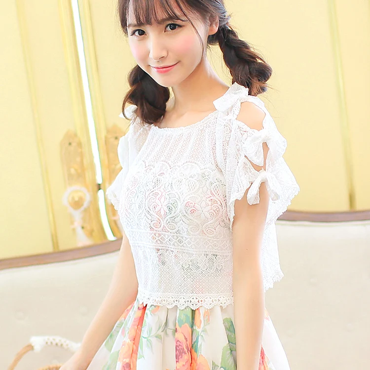 SALES Summer Whole Lace Hollow Out Bows Short Sleeve Blouse White Shirt