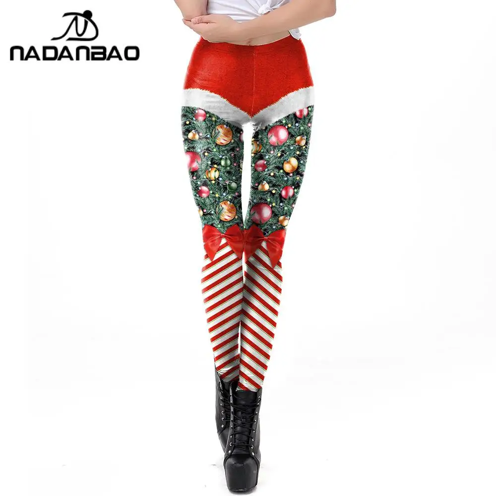 NADANBAO Christmas Elf Leggings Women Carnival Costume Xmas Sexy Tights Holiday Gift Pants 3D Pattern Streetwear Fitness Clothes