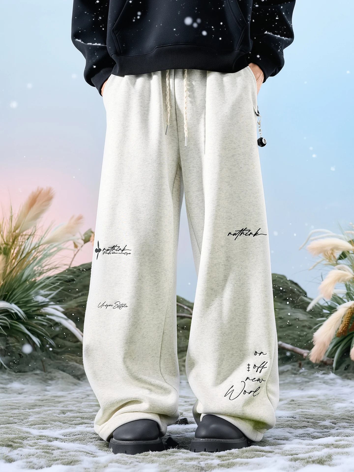 

Nuthink American Sle Knitted Wide Leg Men's Pants Spring 2026 Embroidered Lettering Drapey Comfortable Faionable Youthwear