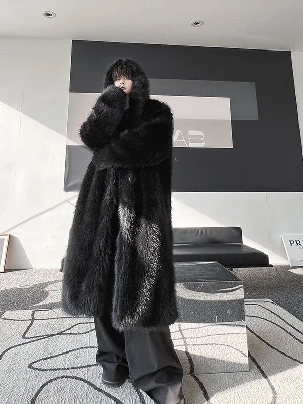 

Утепленная мужская зимняя куртка из искусственного меха с капюшоном, средней длины, модная, в уличном стиле, из экокожи, теплая, прямого кроя