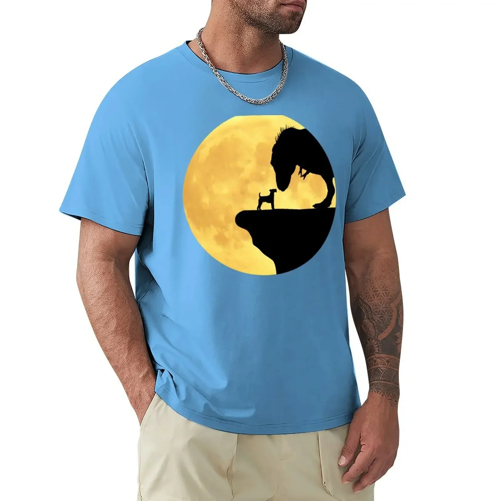 Summer Top Animal Prinfor Boys Designer T Shirt Men Irish Terrier Making Friends with A T-Rex in Front of Yellow Moon T-Shirt