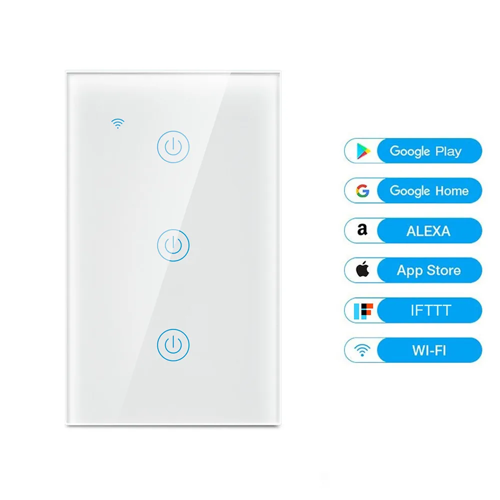 EUA/Austrália Padrão 3gang Controle Remoto WiFi Interruptor de Toque Casa Inteligente Suporta Controle de Voz Versão de Fio Neutro