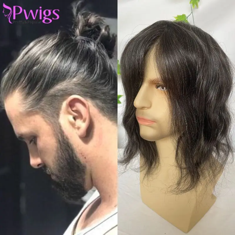 Pwigs 12 Inch Ultra Thin Skin Men Toupee 1b20 80% Human Black Hair Mixed with 20% Synthetic Gray Hair V-loop Full PU Hair System