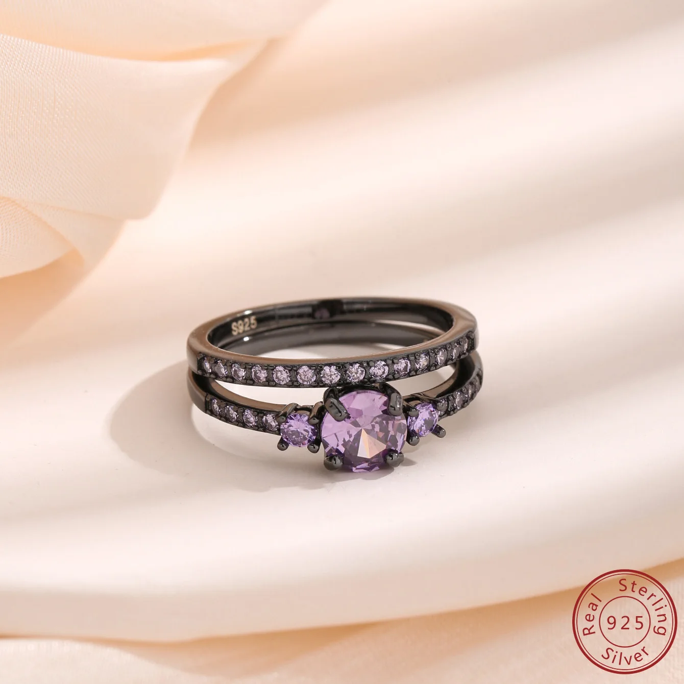 2024 100% 925 sterling silver double-layer black gold amethyst retro style women's ring is suitable for anniversaries or parties