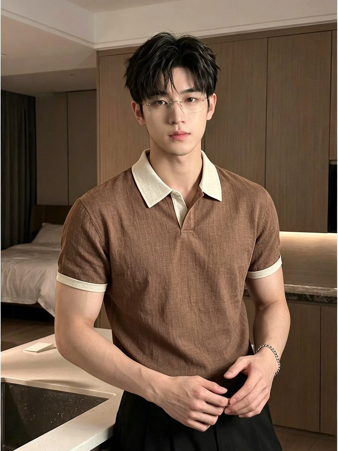 Café Brown Men's  Shirt Linen Simulation Thin Shoulder Short Sleeve Summer Fashion Brand Casual Men's Wear Standard Fit
