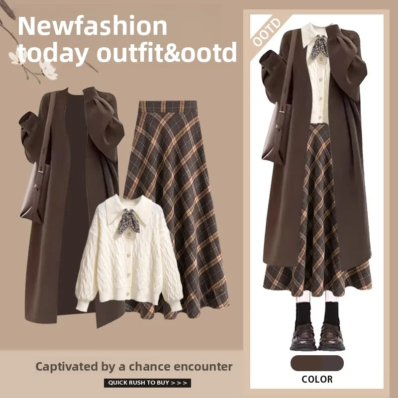 Zimowy Zestaw Damski w Stylu Koreańskim: Elegancki Komplet Spódnica i Sweter z Płaszczem, Luksusowy Wygląd, Długi Sweter, Komplet z Długim Rękawem