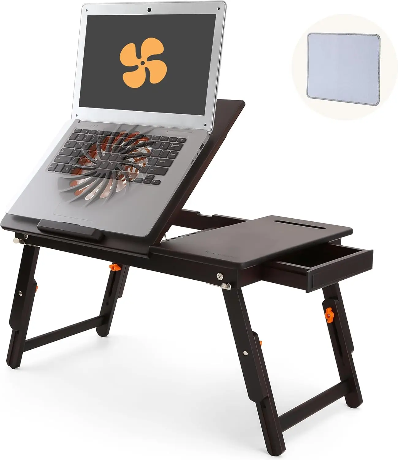 

Регулируемый бамбуковый столик для ноутбука для кровати с вентилятором, 7 углов наклона и 4 уровня высоты, складной, с выдвижным ящиком и слотом для телефона, цвет черный орех