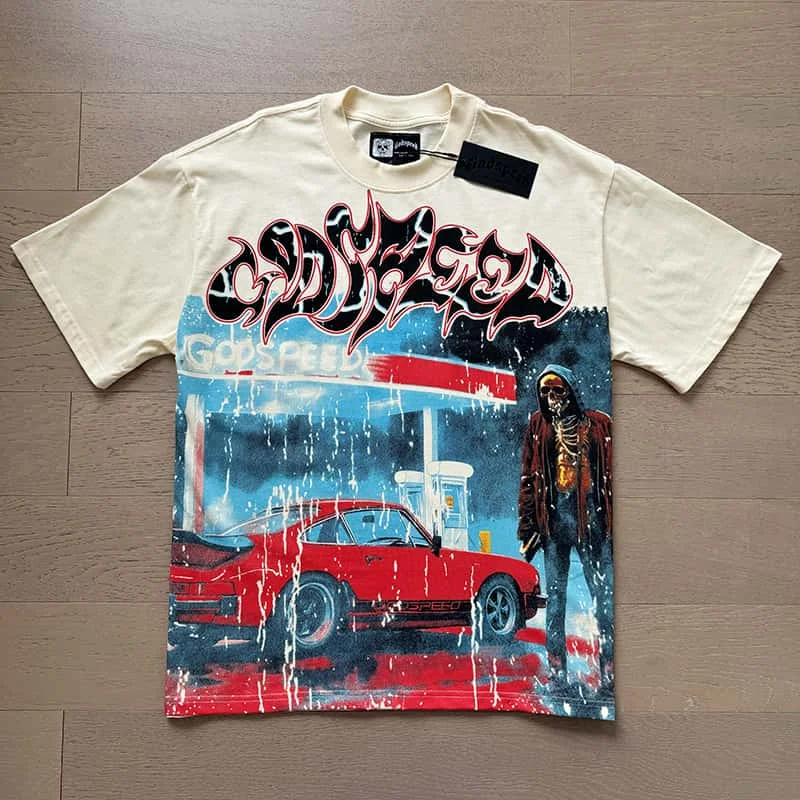 

Washed Godspeed Men's Clothing T-shirts American High Street Print O-neck Short Sleeve GOD SPEED Oversized Top Tee
