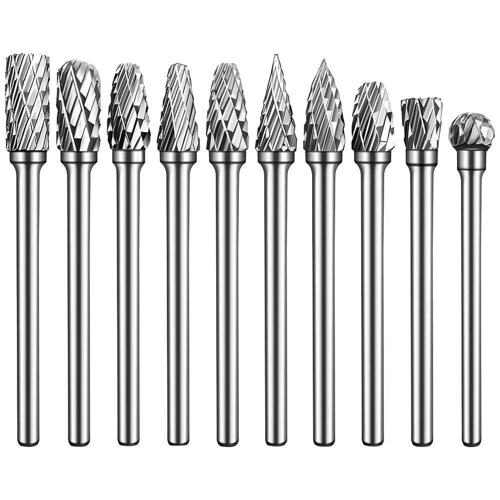

10Pcs Rotary Tool Rasp File 1/8 Inch Shank Solid Tungsten Carbide Rotary Burr Set for Attachments Cutting Burrs Metal Grinding