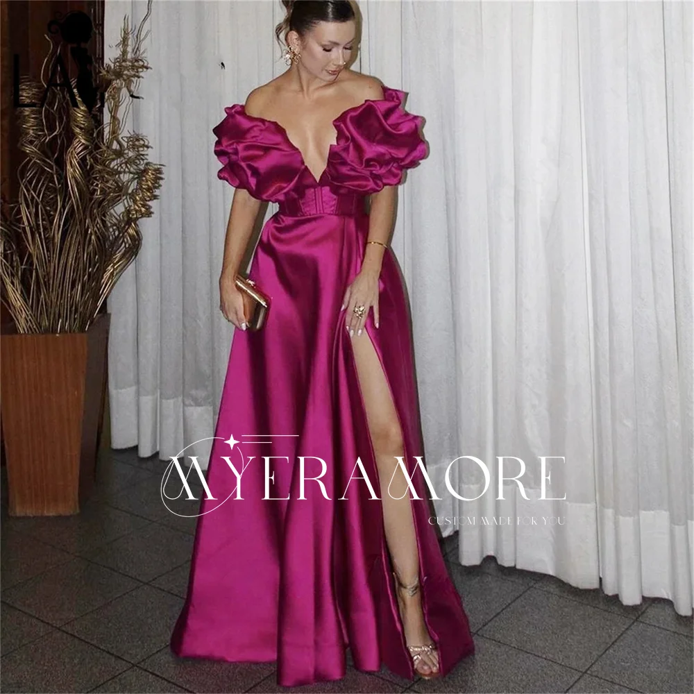 

2025 Evening Dress for Women Elegant V-Neck Ruffled A-Line Side Split Formal Prom Dresses Party Gowns فساتين سهرة Customized