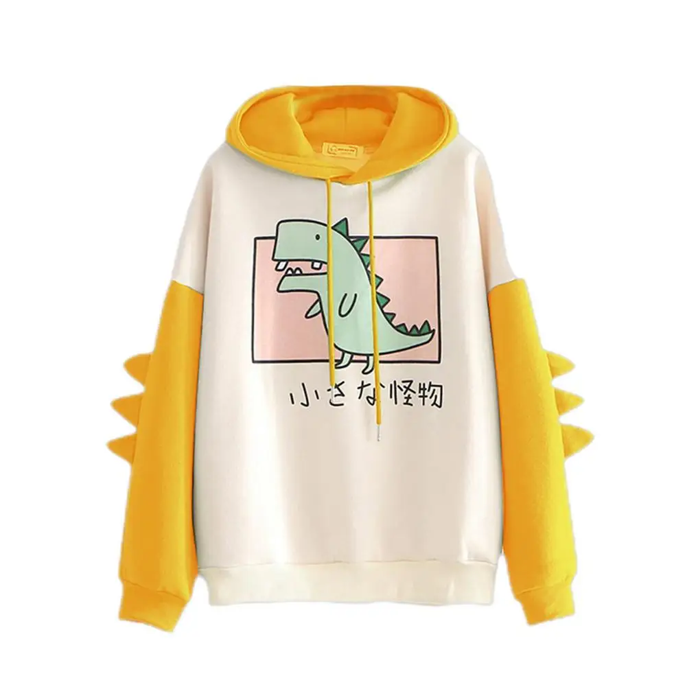 Cute Dinosaur Cartoon felpa con cappuccio donna moda felpa Casual stampa manica lunga stile coreano giuntura top vestiti Kawaii