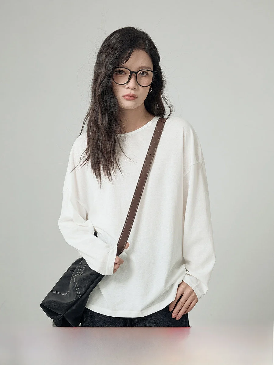 

Snowflake Cotton Long Sleeve Base Shirt Women's Spring Autumn Loose Korean Style T-Shirt Inner Wear Casual round Neck Top