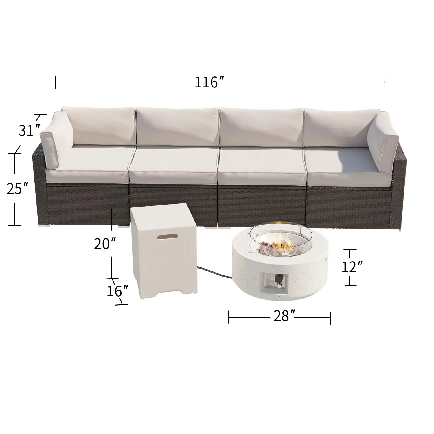 Outdoor 5-Piece Wicker Patio Furniture Sectional w 50000 BTU Fire Pit Table Wind Guard Tank Cover Brown Rattan Cushions Backyard