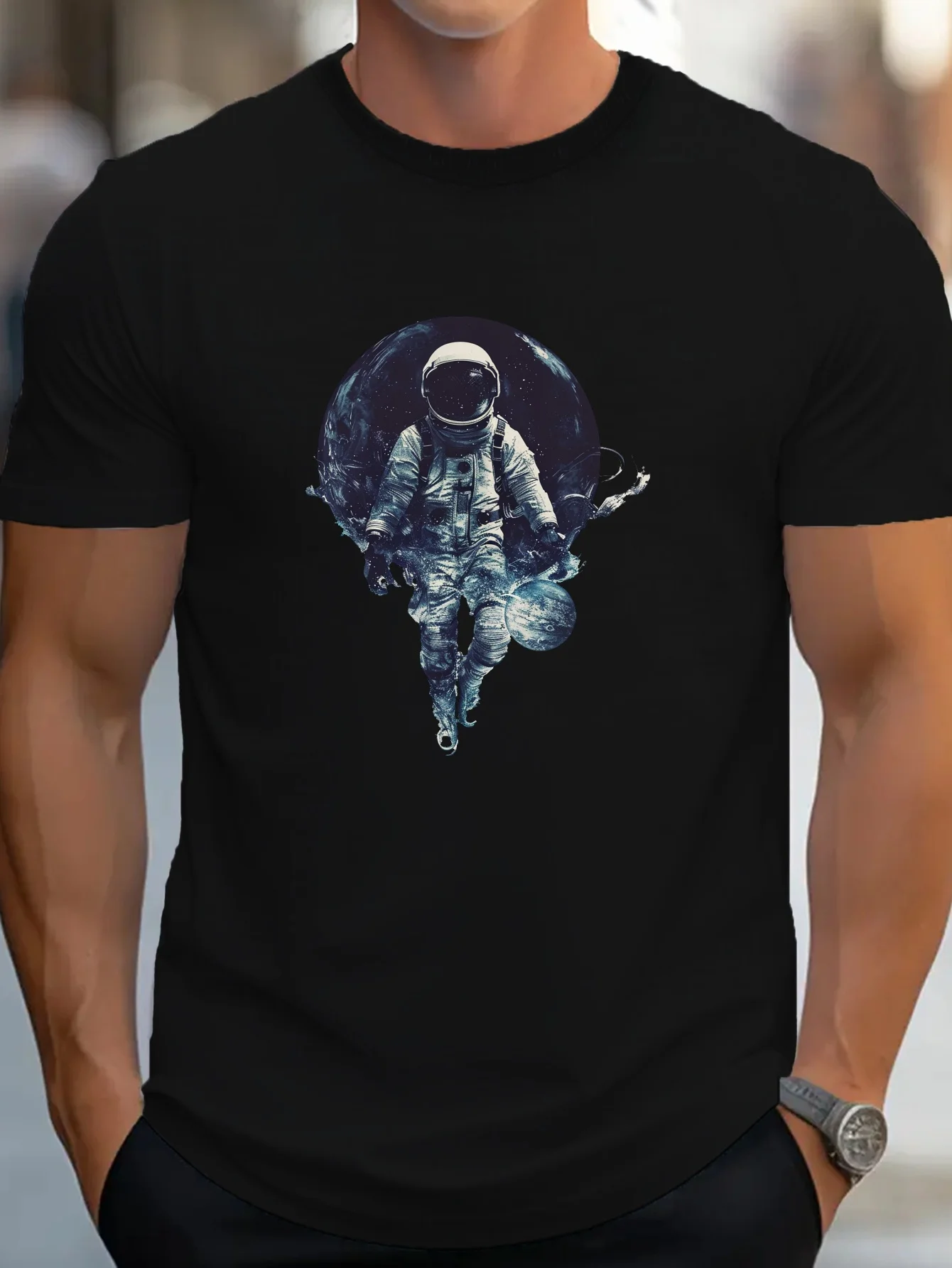 

Men's 100% Cotton Astronaut Graphic Print T-shirt, Casual Short Sleeve Crew Neck Tee