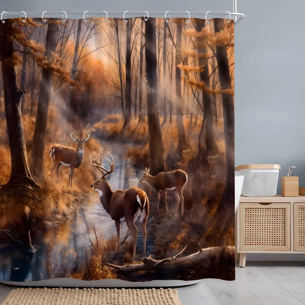 Autumn Woods Deer Shower Curtain Rustic Farm River Thanksgiving Gift Polyester Fabric Shower Curtains Bathroom Decor with Hooks