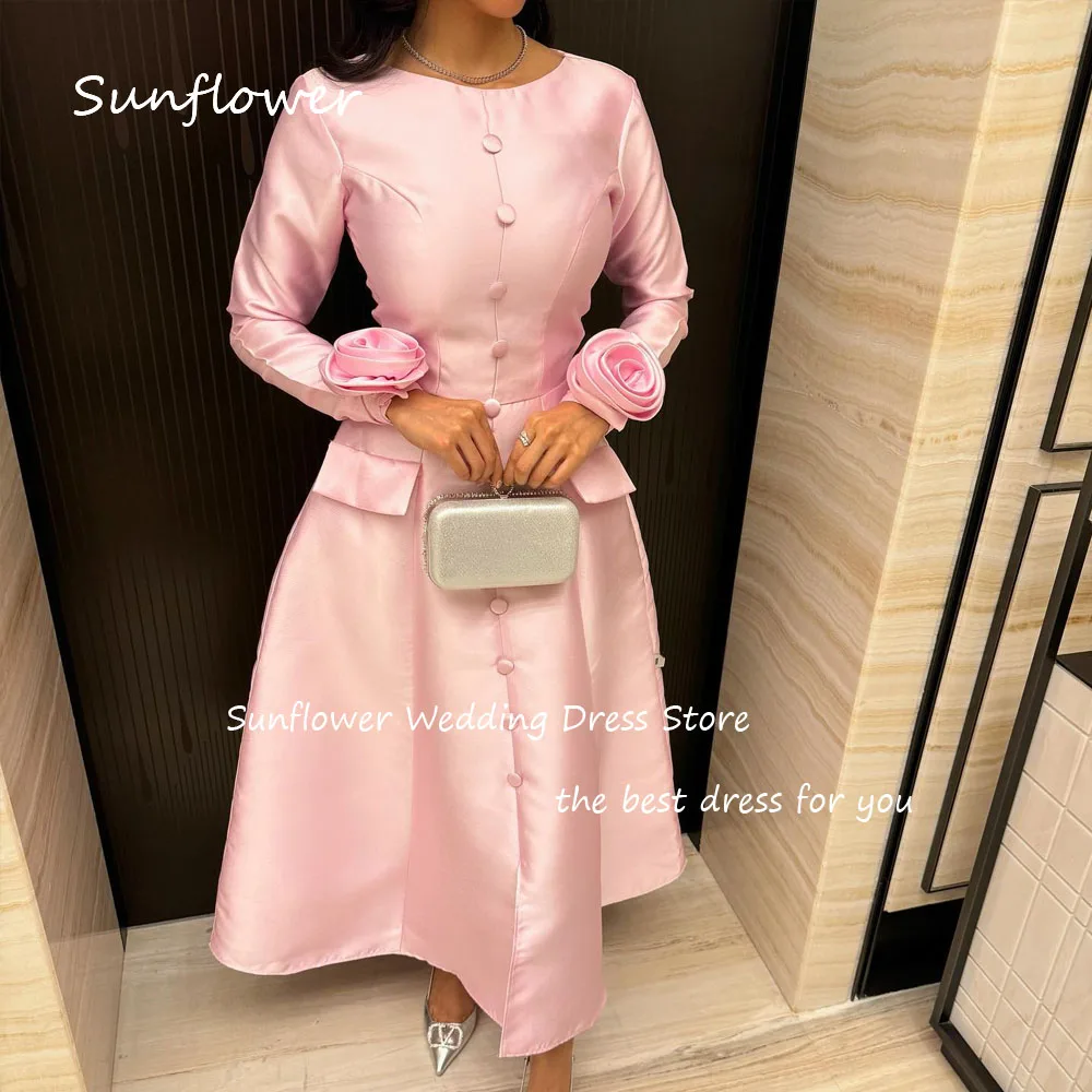 Sunflower Simple Pink O-Neck A-LINE Prom dress 2024 Slim Long Sleeve With 3D Flowers Satin Ankle-Length Formal Evening Dress