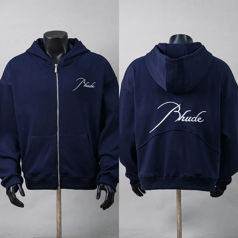 New Arrival RHUDE Men's Streetwear Zip Hoodie Navy Chest Script Letter Embroidery Oversized Hooded Jacket