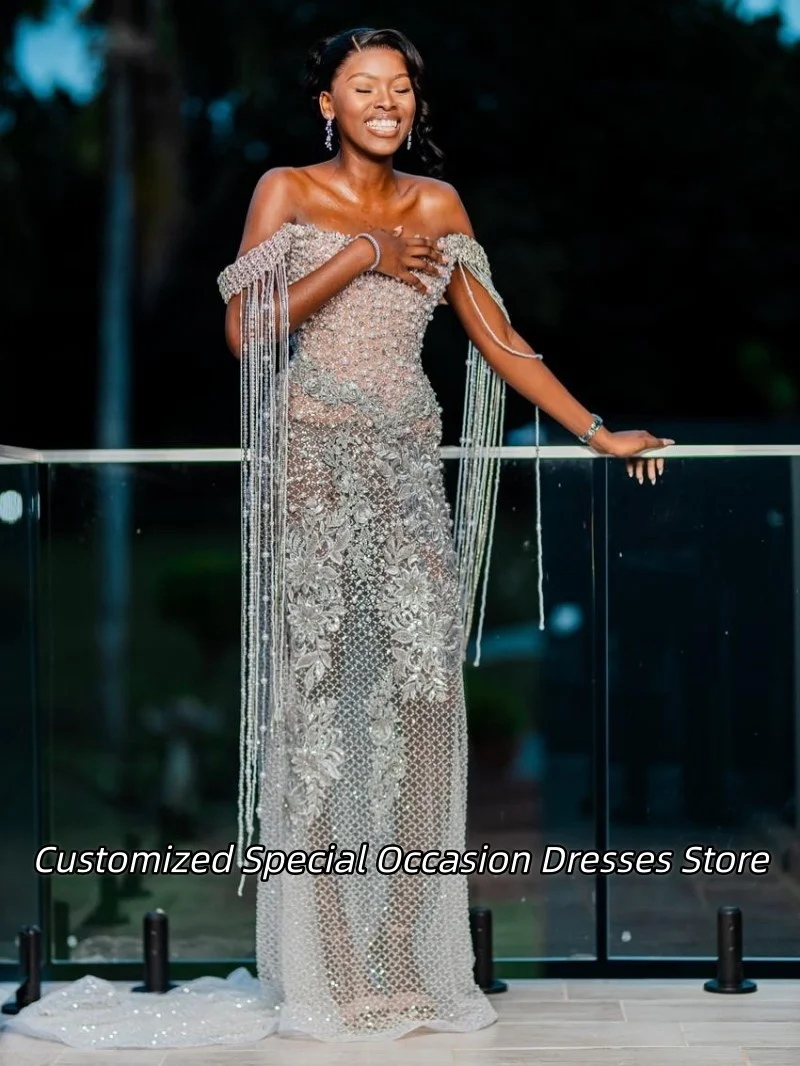 Nigerian Off The Shoulder Beaded Applique Evening Dresses With Luxury Tassel Nigerian Prom Dress Wedding Party Gowns Customized