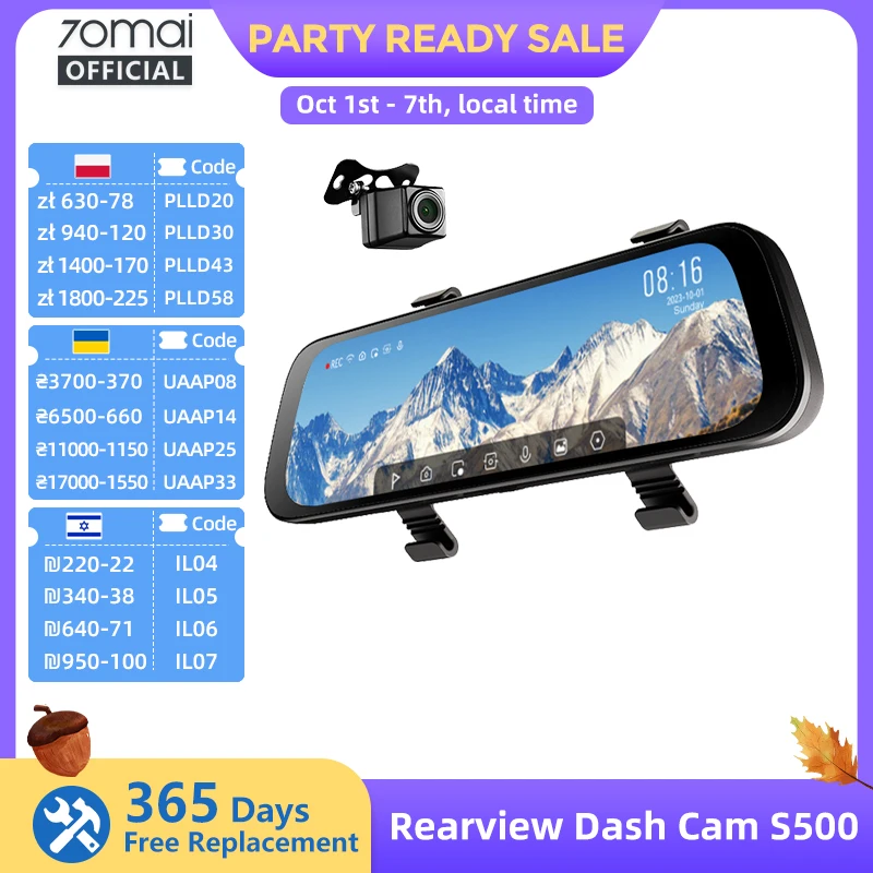 70mai Rearview Dash Cam S500 9.35'' Touch Screen 70mai S500 Car DVR 3K Super Capacitor Dual-Channel HDR Voice Control 24H Park