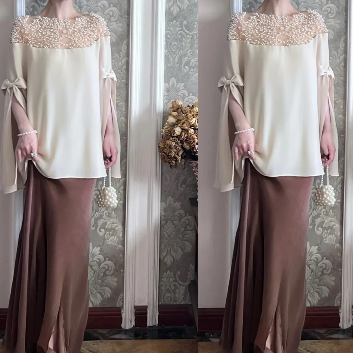 UMI MAO Chinese Aesthetic High-end Nanyou Women's Cape-style Shirt, 25 Summer New Heavy-duty Pearl Beige Irregular Top