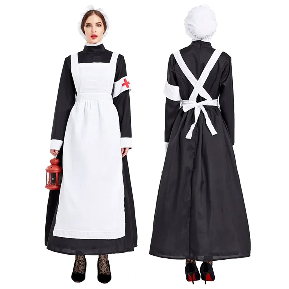 

Historic Victorian War Nurse Maid Dress Women Long Dress with Apron Women Nightingale Costume Halloween Cosplay Costume