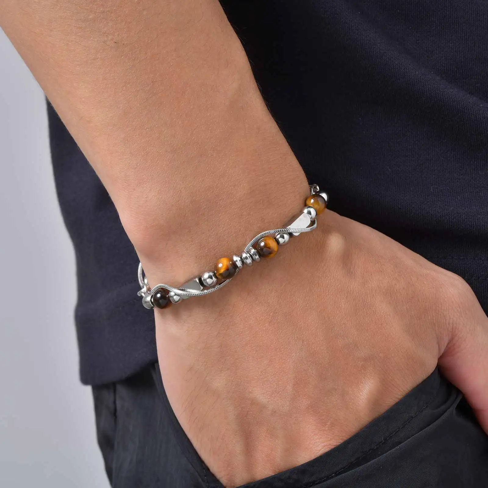 Vnox Naturstein-Perlenarmband für Herren, Edelstahl-Mehrschichtkette, Tigerauge, Obsidian, verstellbarer Armschmuck, Geschenk – Detail 8