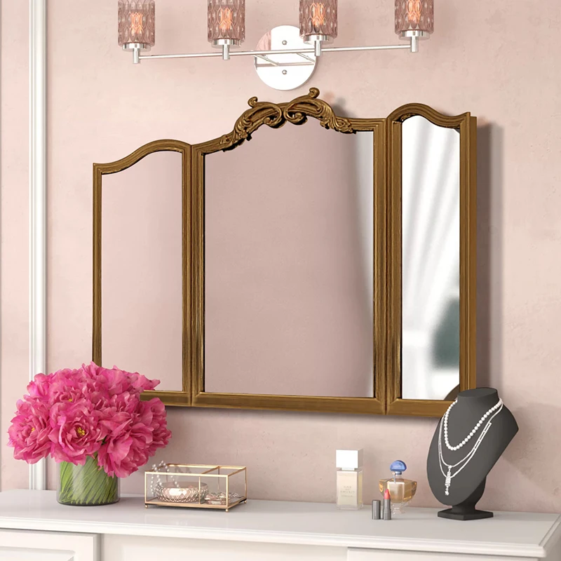 Cermin lipat tiga bergaya retro Prancis, cermin kamar mandi, gantung dinding, toilet, lipat, lemari rias kamar tidur, bergaya abad pertengahan, tiga sisi