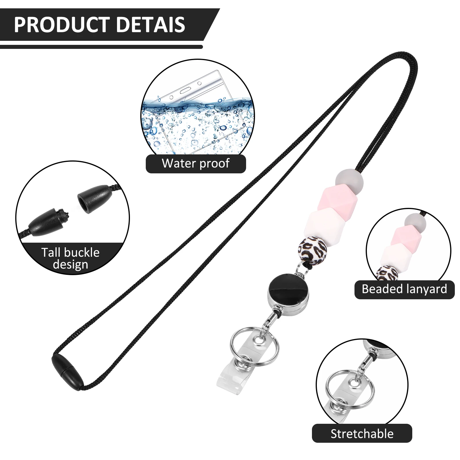 9Pcs Badge Holder and Lanyard Set Cute Beaded Retractable Lanyard with Swivel Buckle Waterproof ID Card Holder Horizontal and