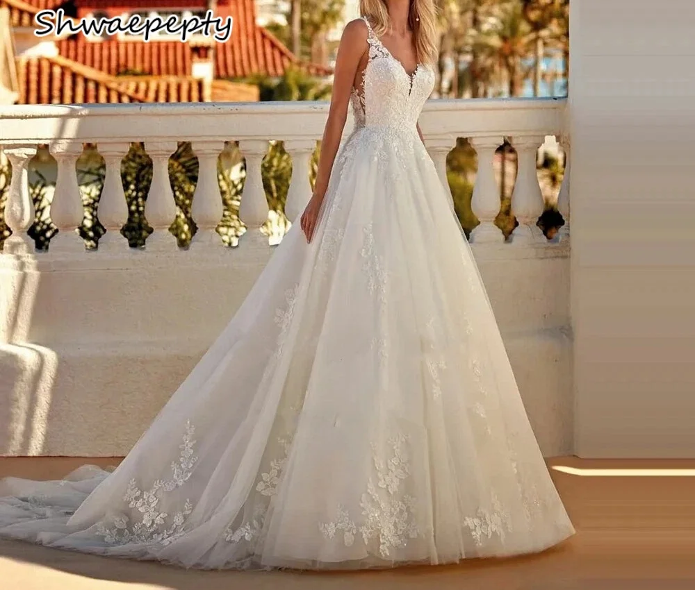 

Lace Appliques Boho Wedding Dress A-Line Sleeveless Backless Long Tulle Beach Bridal Gown Customized Vestido De Novia