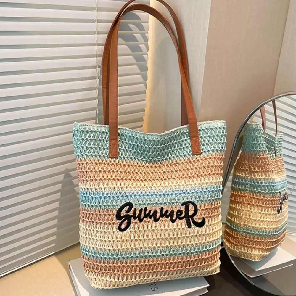 

Bohemian Style Strip Woven Bag Beach Handbag Hollow Out Rainbow Beach Bag Letter Embroidery Underarm Bag Knitted Tote Bag