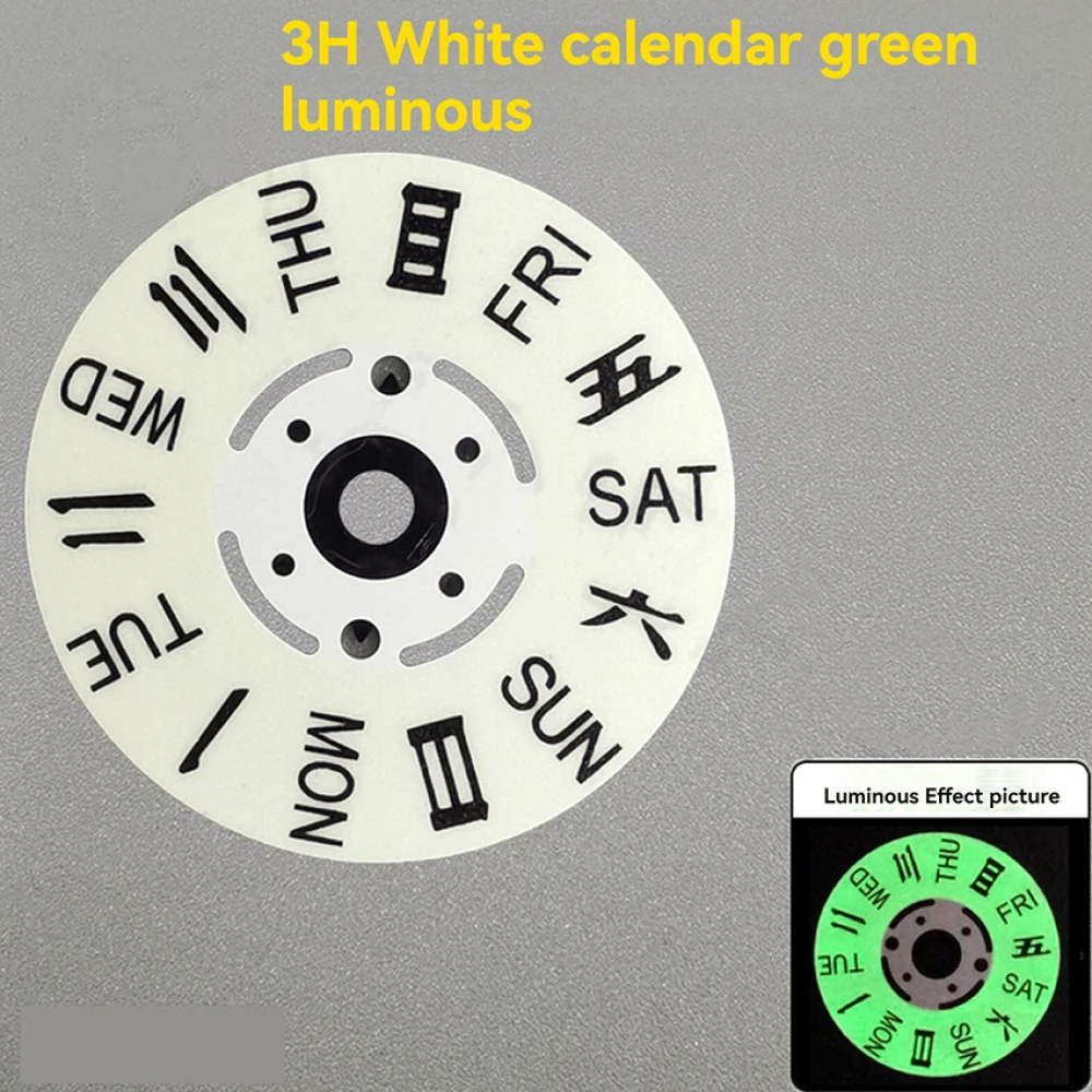 1 pz Blu/Verde Luminoso Settimana Giapponese Dail Sostituzione Nero Bianco Quadrante Orologio Calendario @3/3.8O'clock per Movimento NH36A/NH36