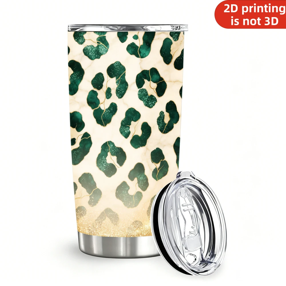 20oz Emerald Green Marble Leopard Print Stainless Steel Tumbler with Lid and Straw, Luxury Gold Glitter Cheetah Spots Vacuum Insulated Travel Coffee Mug Gifts for Women